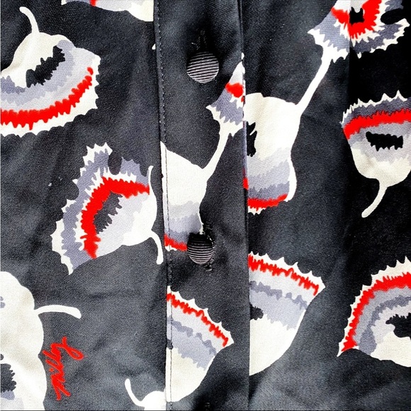 Milly Silk Floral Poppy Print Puff Sleeve Black Red Button Down Blouse Shirt Top - Picture 4 of 8